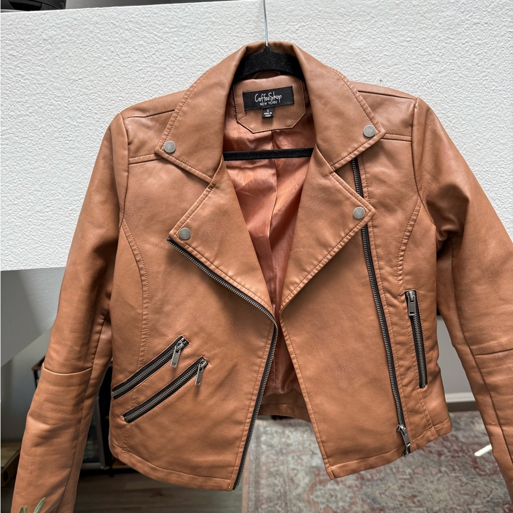 CoffeeShop Tan Leather Biker Jacket with Asymmetrical Zipper